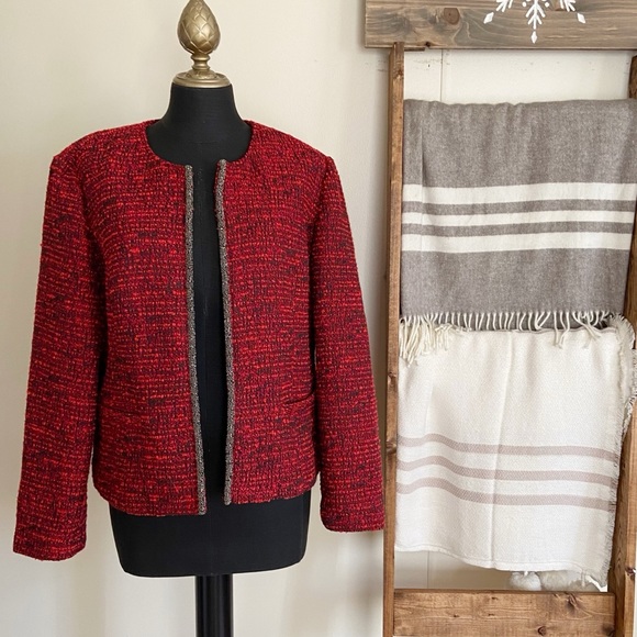Chico's Jackets & Blazers - NWT Chico’s Embellished Tweed Open Front Jacket Sultry Red Size 2
